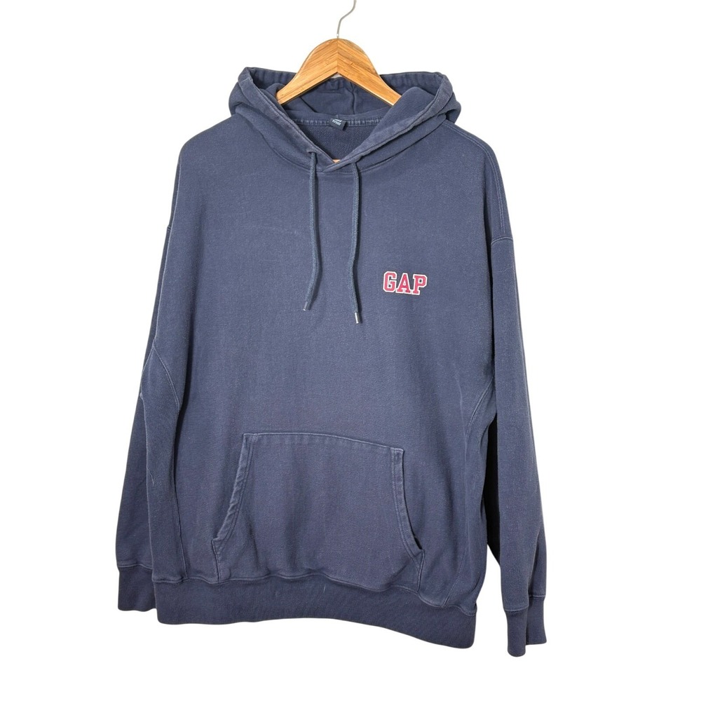 Vintage GAP Mens Hoodie Medium Y2K Navy Hooded Sweatshirt Red Logo Retro Classic